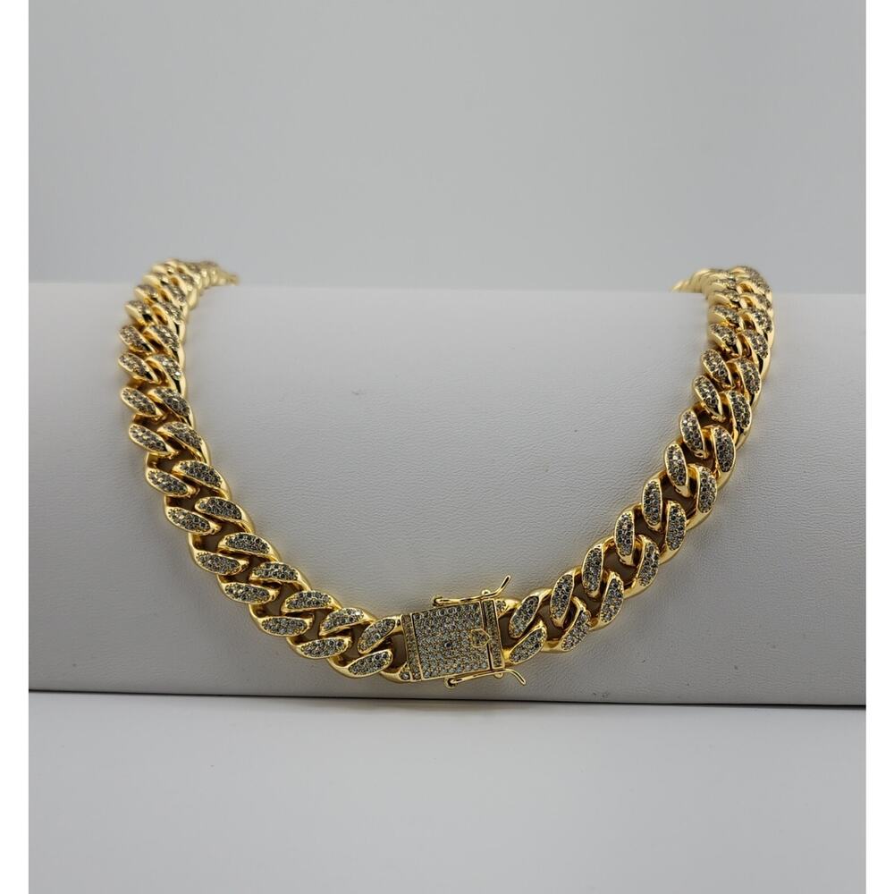 18K Gold IP Plated, Stainless Steel, CZ Cuban Curb Chain Necklace, 10MM 18" - Picture 2 of 6